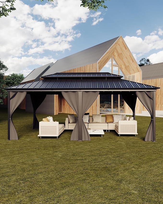 12x18 FT Hardtop Gazebo with Double Metal Roof, Aluminum Frame Permanent Pavilion with Curtains and Netting for Patio Backyard Lawns