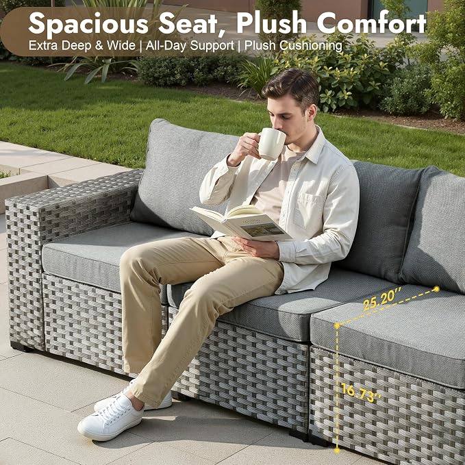 9 Pieces Patio Furniture Set, Wicker Outdoor Sectional Sofa with Swivel Chair Comfy Cushions, Modern Modular Deep Seat Rattan Couch Conversation Set for Backyard Porch Yard,Dark Grey