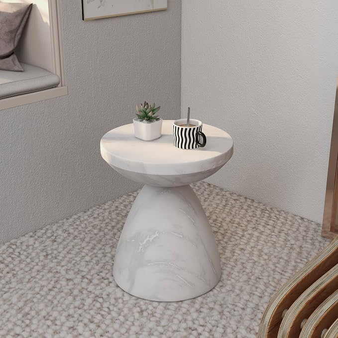 LeisureMod Modern Side Table Lightweight Fiberstone Top 20" Round Accent Table and Hourglass Pedestal Base for Outdoor or Indoor Dune Series in White