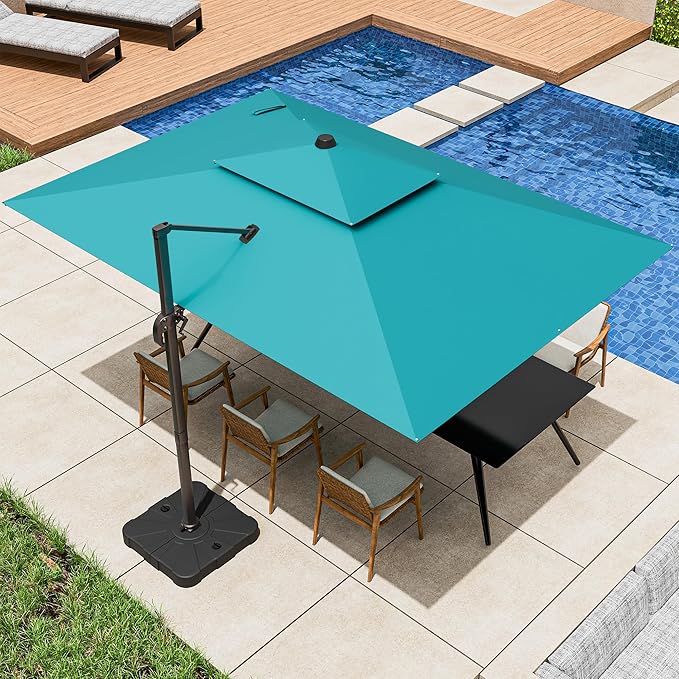 9x12FT Cantilever Patio Umbrella - Heavy Duty Double Layer Offset Design with 360° Rotation, Large Rectangle Sun Shade Umbrella for Garden, Deck, Pool, Backyard, Turquoise
