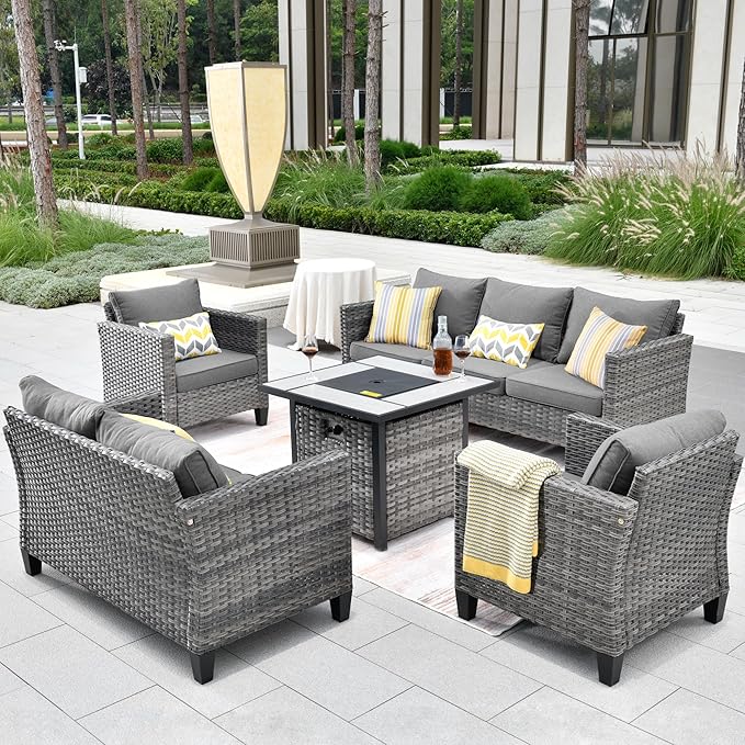 ovios 5 Pieces Patio Furniture Set, Outdoor Wicker Rattan Sofa Couch with 30" Fire Pit Table, Loveseat Chairs, Conversation Sets for Yard Porch Garden, Dark Grey