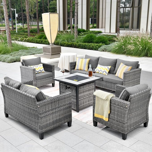 ovios 5 Pieces Patio Furniture Set, Outdoor Wicker Rattan Sofa Couch with 30" Fire Pit Table, Loveseat Chairs, Conversation Sets for Yard Porch Garden, Dark Grey