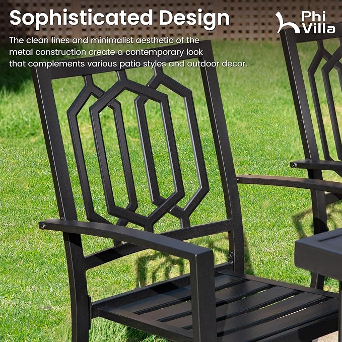 PHI VILLA 7 Pcs Outdoor Dining Set& 64" Rectangular | Metal Table w/ Umbrella Hole and 6 Stackable Dining Chairs.Perfect for Patio, Garden, Deck, Porch, and Yard