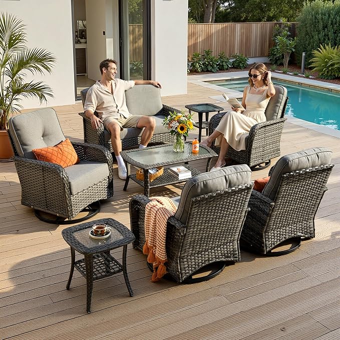 8-Piece Patio Furniture Set, Outdoor Wicker Furniture with Coffee Table, High Back Swivel Rocker Patio Chairs, Modern Rattan Outdoor Chairs Conversation Set for Porch, Balcony, Garden, Dark Gray