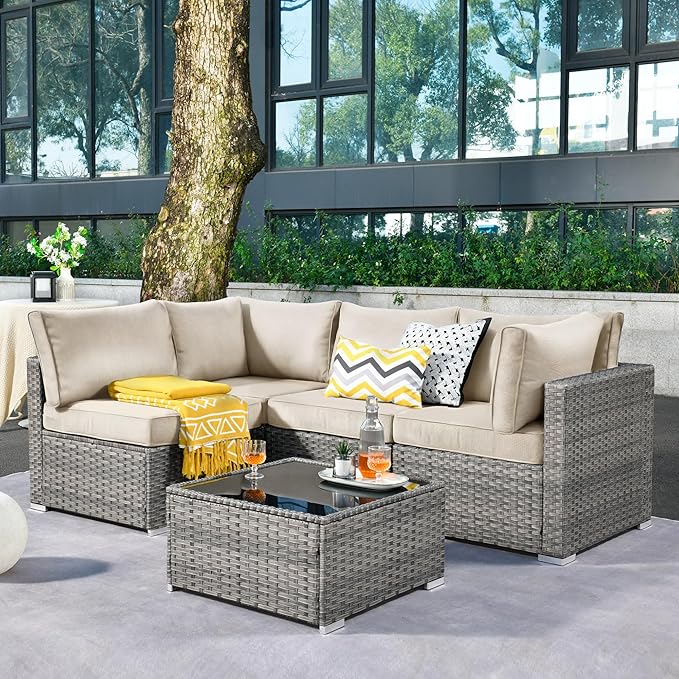 ovios Outdoor 5 Piece Coversation Set with Coffee Table,Sectional Patio Furniture Set with All-Weather Wicker Sofa,Modern Outside Couch for Balcony Backyard Pool, Beige