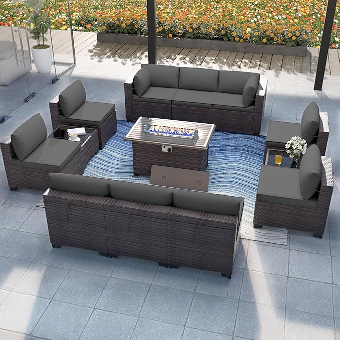 Patio Furniture Set with Fire Pit Table 13-Pieces Outdoor Sectional Furniture Outdoor Rattan Patio Conversation Sets with 43in Propane Gas Fire Pit Table and Glass Table, Grey