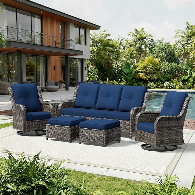 Joyside 6 Piece Wicker Patio Furniture Set, Outdoor Swivel Rocker Patio Chairs with High Back, Deep Seating, Wide Armrest, Thickened Cushions, Outdoor Furniture for Deck, Porch Use