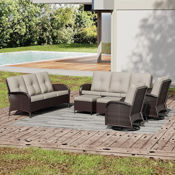 Joyside Wicker Patio Furniture Set, 7 Piece Outdoor Furniture Set with Thickened Cushions, High Back, Deep Seating, Wide Armrest, Outdoor Swivel Rocker Chairs for Porch, Deck