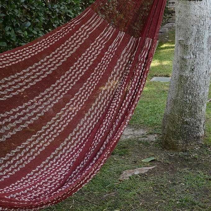 NOVICA Burgundy White Hand Woven Cotton Mayan 2 Person XL Rope Hammock with Hanging Accessories, 'Burgundy Riviera' (Double)