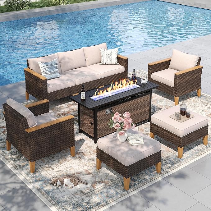 PHI VILLA 8-Piece Outdoor Sectional Patio Conversation Set with 56" Gas Fire Pit Table Table, Outdoor Rattan Furniture Patio Set for 7 Seats with Cushions, Beige
