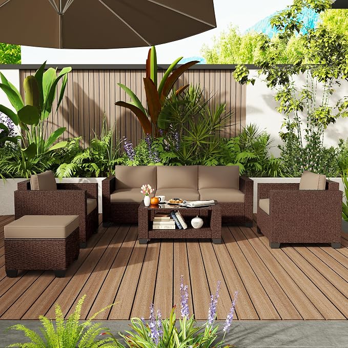 KIGOTY Patio Furniture Set 7 PCS Patio Conversation Sets, All-Weather PE Rattan Outdoor Sectional Sofa with Cushion and 2- Tier Glass Coffee Table（Brown/Camel）