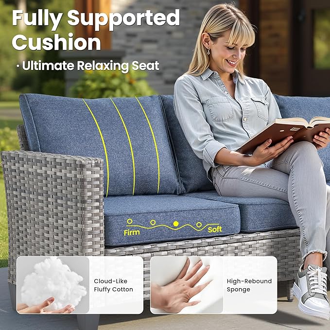 ovios 8 Pieces Patio Furniture Set, Outdoor Wicker Sofa Couch with Swivel Chairs, Rocking Glider Rocker with Comfy Cushions All Weather Rattan Conversation Set, Denim Blue