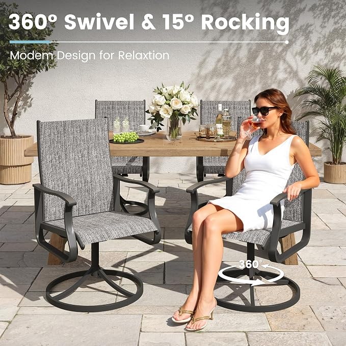 7 Pieces Patio Dining Set, Patio Outdoor Furniture Set of 6 Patio Swivel Dining Chairs and Patio Spliced Rectangular Tabletop with Umbrella Hole, for Deck, Backyard, Poolside & Garden