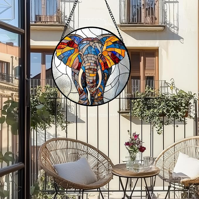 Stained Glass Window Hanging, Colorful Elephant Sun Catcher for Door Home Decor Animal Suncatcher Christmas Mother's Day Birthday Gifts for Women Men Mom and Nana 7.8 in
