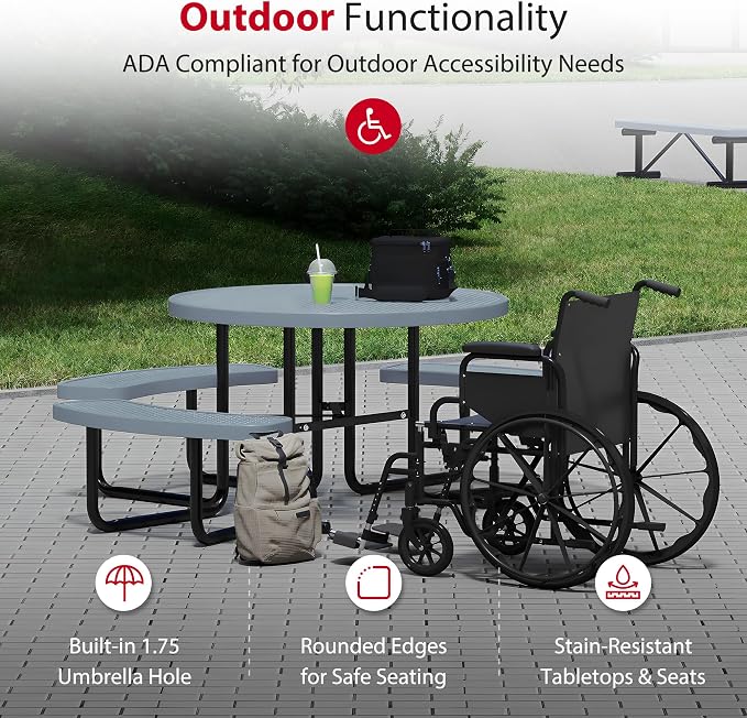 Leisure Craft Metal Picnic Table with Bench - 46" Round Outdoor Dining Table with Umbrella Hole, Heavy Duty Thermoplastic Coating, ADA Compliant, Commercial Grade Furniture Made in USA - Gray