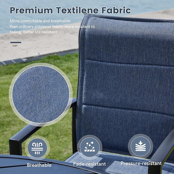 VICLLAX 7 Pieces Patio Dining Set for 6-59" Rectangle Patio Table and 6 Outdoor Swivel Padded Chairs, Black Tabletop and Blue Fabric