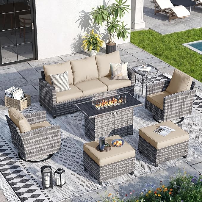 7 Pieces Patio Furniture Set with 44" Fire Pit Table, Outdoor Sectional Conversation Sets with Swivel Chair, Gas Fire Pit, Ottomans, Side Table, 4" Thick Cushion，for Backyard Garden Deck, Khaki