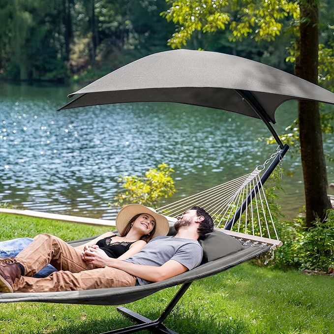SUNCREAT Hammocks for Outside with Stand, Porch Hammock and Stand, 475 lbs Capacity, Patent Pending, Light Gray