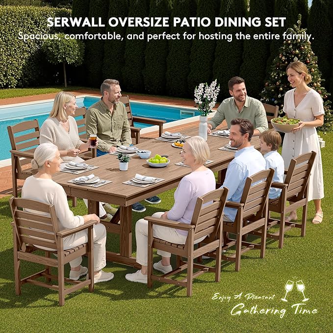 SERWALL Outdoor Dining Chairs Set of 4, All-Weather HDPE Patio Chair with 19.7" Widened Seat, for Backyard, Garden, Brown