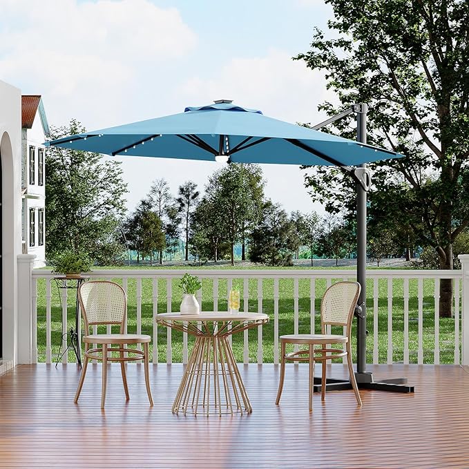 Garvee 10 ft Cantilever Patio Umbrella with Solar Lights, 360°Rotation Offset Umbrella, Easy Crank & Tilt Adjustment, UV Protection for Backyard, Poolside, Deck -Turquoise