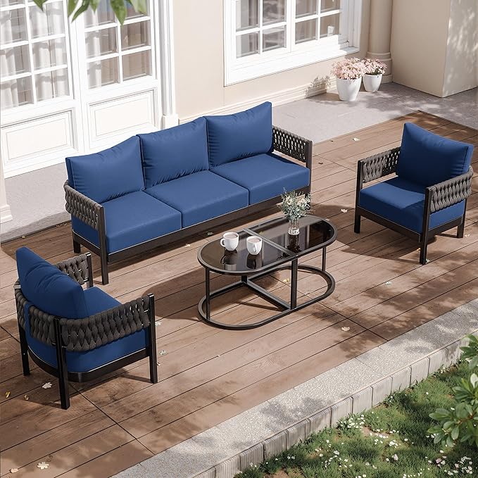 Kullavik Aluminum Patio Furniture Set 5 Pieces,Metal Outdoor Furniture with Modular Coffee Table,HDPE Rope Sectional Conversation Set w/5.9" Thick Cushions for Deck,Porch,Backyard