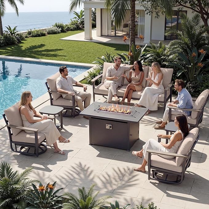 7-Seat Outdoor Patio Furniture Set with Rocking Swivel Chairs, Aluminum Sectional Sofa Patio Conversation Set with 55,000 BTU Fire Pit Table & High Backrest & Thickened Cushions, Sand