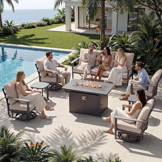 Aluminum Outdoor Patio Furniture Set with Swivel Rocking Chairs 7-Seat, Patio Sectional Sofa Patio Conversation Set with 55,000 BTU Fire Pit Table & High Backrest, Sand