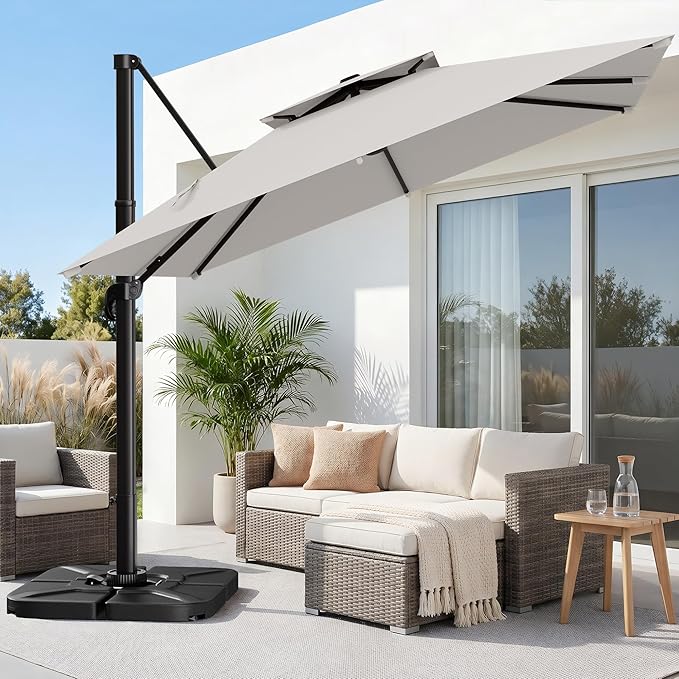 AreShark 11×11FT Double-Top Cantilever Patio Umbrella with Base Included, Offset Umbrella with 360 Degree Rotation, Heavy Duty Patio Umbrella for Garden Deck Pool, 5 Tilt Angles, Light Grey