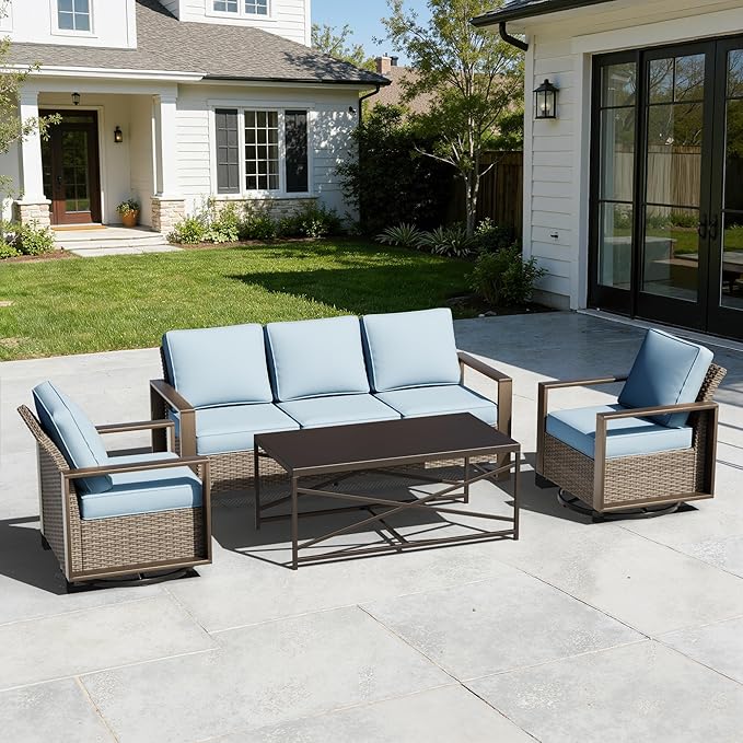 4 Pieces Patio Furniture Set with Wicker 75" Sofa, Two Swivel Rocker Chairs, One Coffee Table, Outdoor Conversation Furniture Set with Metal Armrest & Removable Cushions for Deck, Baby Blue