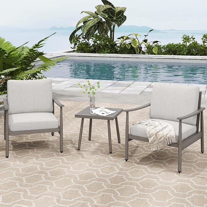 HAPPATIO Patio Conversation Set 3 Pieces, Outdoor Aluminum Conversation Furniture Set, 2 Modern Chairs with Backrest Rope Design and 1 Side Table for Garden, Pool, and Lawn (Grey)
