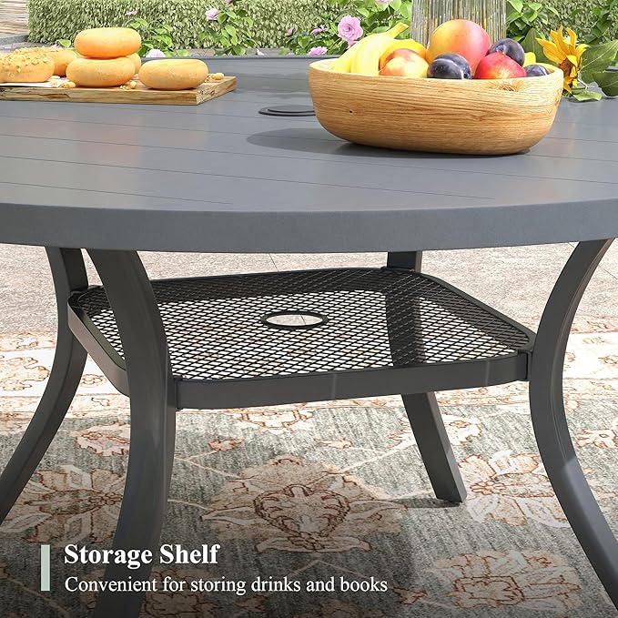 7 Pieces Outdoor Dining Set, Stackable Textilene Paito Chairs & 47.2" Round Dining Table with Umbrella Hole and Shelf, Patio Dining Set for Backyard, Deck, Garden, Grey & Dark Grey