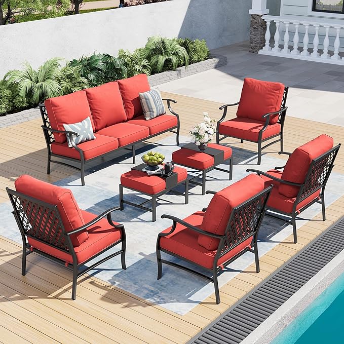 7 Piece Metal Outdoor Patio Furniture Set, Patio Conversation Sets 1 3-Seater Sofa, 4 Fixed Chair, 2 Ottomans with 5.75" Thick Cushion, Black All-Weather Frame Backyard Furniture, Red