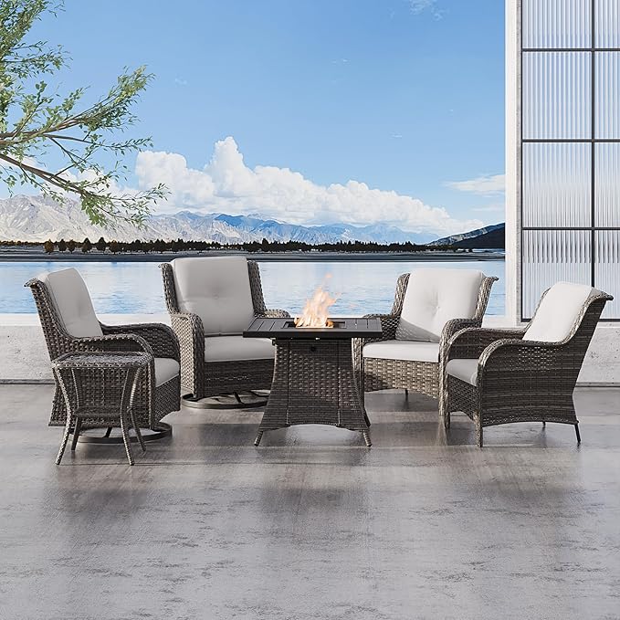 6 Pcs Patio Furniture Set with Fire Table-31'' Fire Pit Table, 1 Side Table, 4 Outdoor Rattan Wicker Conversation Chairs (2 Fixed & 2 Swivel) （Beige）