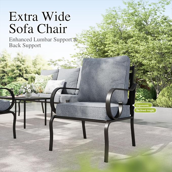 Sophia & William Patio Conversation Set for 7, 1 Loveseat, 3-Seater Sofa, 2 Fixed Chairs and 1 Coffee Table, Metal Outdoor Furniture with 5.75" Extra Thick Cushions, Grey
