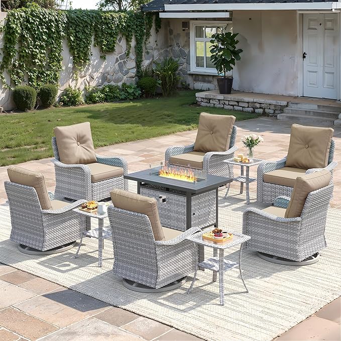 10-Piece Outdoor Conversation Set with 43" Fire Pit Table, 6 Swivel Rocking Chairs (4" Cushions) & 3 Side Tables, All-Weather PE Rattan & Steel Frame for Porch, Deck, Backyard, Beige