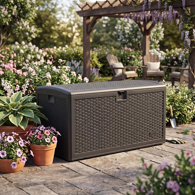 99 Gallon Large Weatherproof Patio Storage Deck Bin, Lockable Outdoor Cushion Chest with Bench Seat, UV-Resistant Resin Utility Box for Patio Furniture Cushions, Throw Pillows, Garden Tools