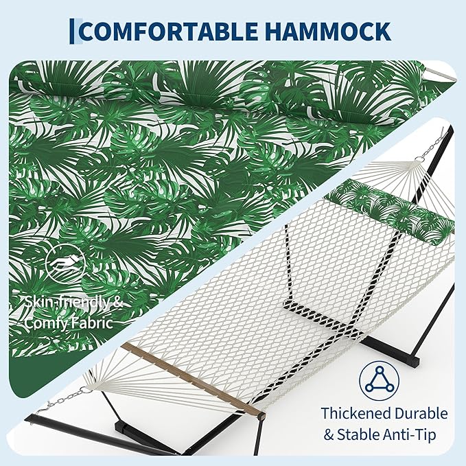Double Hammock with Stand Curved-Bar Hammock, 450LBS Capacity, 2 Person Large Hammock, Indoor and Outdoor Hammock, Perfect for Backyard Patio Beach