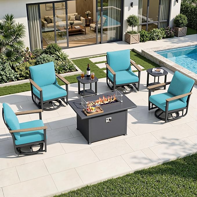 7Pcs Aluminum Patio Rocking Swivel Chair with 55,000 BTU Fire Pit Table Outdoor Bistro Set with Coffee Table, Patio Furniture Set with High Backrest & Thickened Cushions, Turquoise