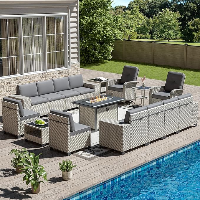 16-Piece Outdoor Patio Furniture Set, Modular Sectional Sofa Set with Swivel Rocker Chairs & Fire Pit, Wicker Outdoor Couch Conversation Sets w/Coffee Table and Cushions, Gray