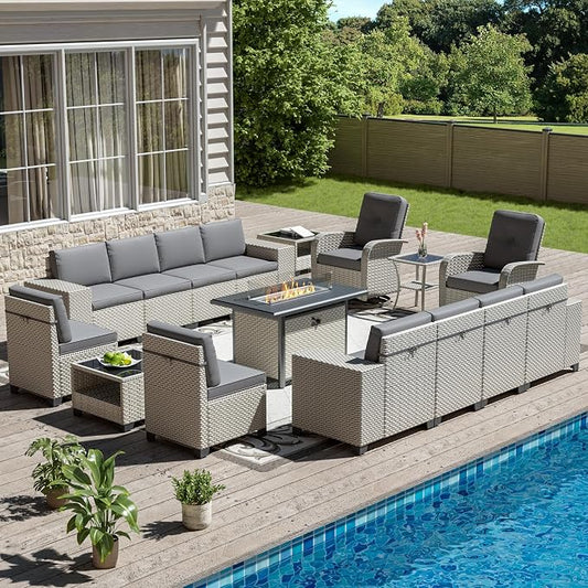 16-Piece Outdoor Patio Furniture Set, Modular Sectional Sofa Set with Swivel Rocker Chairs & Fire Pit, Wicker Outdoor Couch Conversation Sets w/Coffee Table and Cushions, Gray