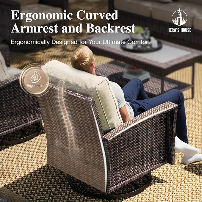 HERA'S HOUSE Patio Furniture Set with Swivel Chairs, High Back Outdoor Wicker Furniture with 5.5" Thick Cushions, Outside Conversation Sofa Sets for Backyard Deck Lawn, Beige