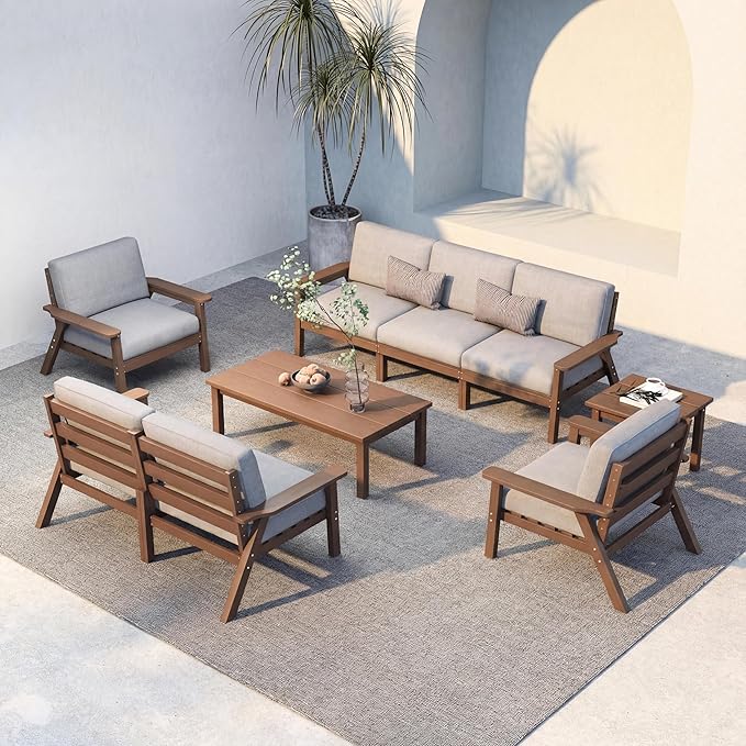 HDPE 7 Piece Patio Furniture Set, HDPE Outdoor Sectional with with Gray Thick Cushions, Coffee Table and Side Table, Patio Conversation Sets for Lawn, Garden, Porch (Brown Frame)
