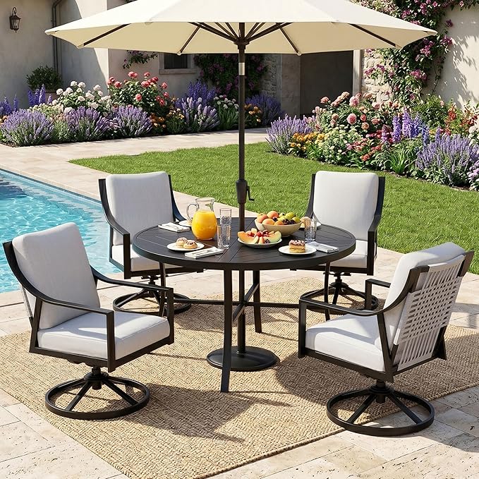 NATURAL EXPRESSIONS 5-Piece Outdoor Patio Dining Set, Black Patio Swivel Rocking Chairs and 38’’ Round Dining Table with 1.65’’ Umbrella Hole