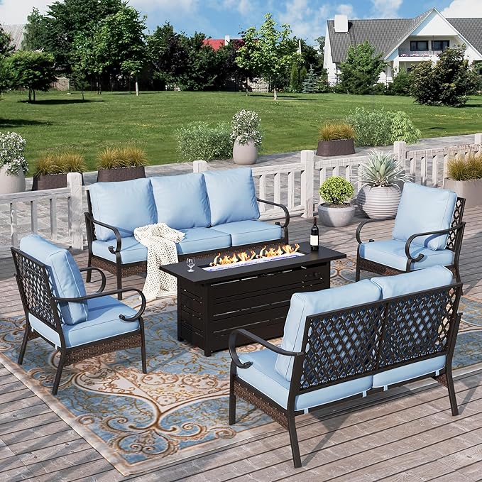 HERA'S HOUSE 5 Piece Metal Patio Furniture Set with 56" Fire Pit Table, All Weather Outdoor Conversation Set, 3 Seat Sofa with Loveseat, 2 Fixed Chairs, Seats 7 for Backyard, Garden, Deck, Blue