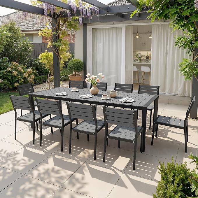 Crestlive Products 95" Outdoor Dining Table for 10, Aluminum Patio Dining Table with Umbrella Hole Weather-Resistant Rectangle Outside Table for Garden Backyard Deck, Grey