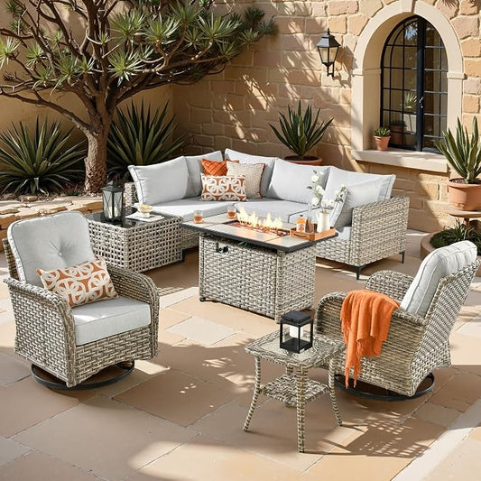 Outdoor Sectional Patio Furniture Set,9 Pieces All Weather Rattan Wicker Conversation Sets with Fire Pit,Out Door Furniture with Swivel Chairs Glowing Coffee Table,Light Grey