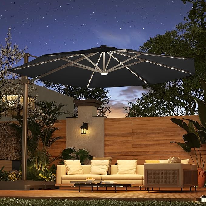 FLAME&SHADE 11ft Cantilever Patio Umbrella with Base, Round Offset Umbrella with Solar Light Strips, Large Heavy Duty Outdoor Aluminum 360° Rotation,for Deck,Pool,Backyard