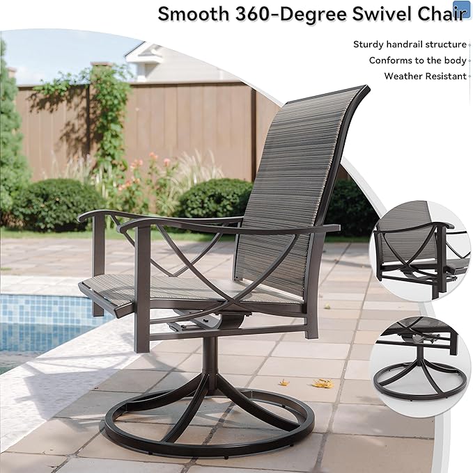 Kurapika 7 Piece Outdoor Conversation Sets, Patio Furniture Set, 6 Textilene Fabric Swivel Chairs and w/48in Propane Round Fire Pit Table for Deck Garden Backyard Porch,Brown