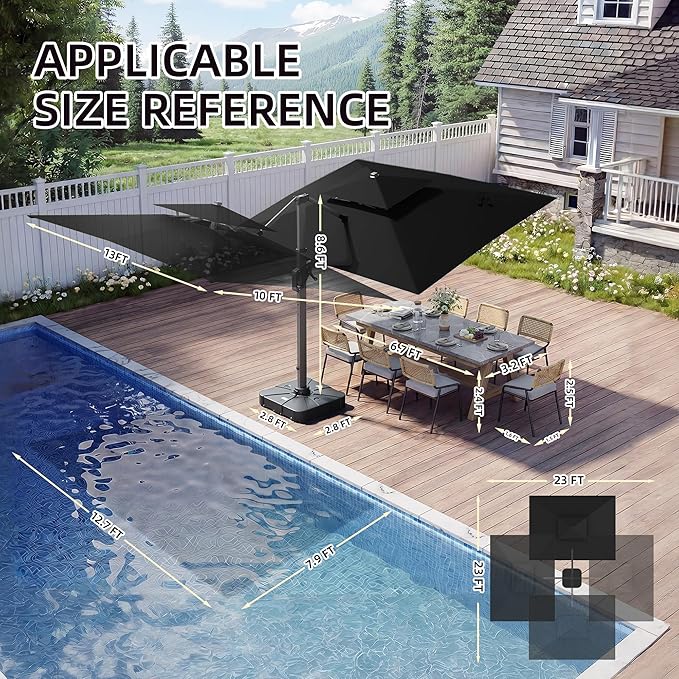 10 X 13 FT Cantilever Patio Umbrella with Led Lights and Base Included Heavy Duty Outdoor Double Top Large Rectangle Offset Umbrellas with 360-degree Rotation for Garden Pool Deck Backyard, Black