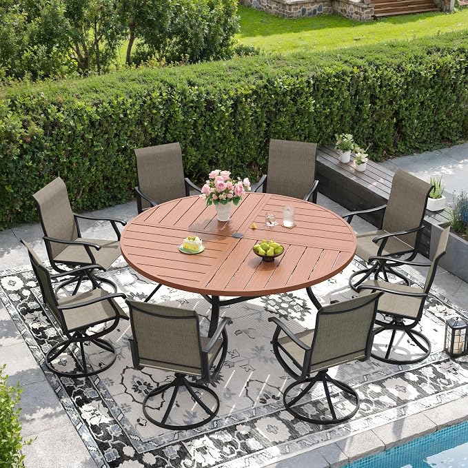 DIFY Patio Table and Chairs Set for 8, 9 Piece Outdoor Dining Set, 59.8" Walnut Round Metal Dining Table with Umbrella Hole and 8 Brown Textilene Swivel Patio Chairs, for Garden Backyard Deck